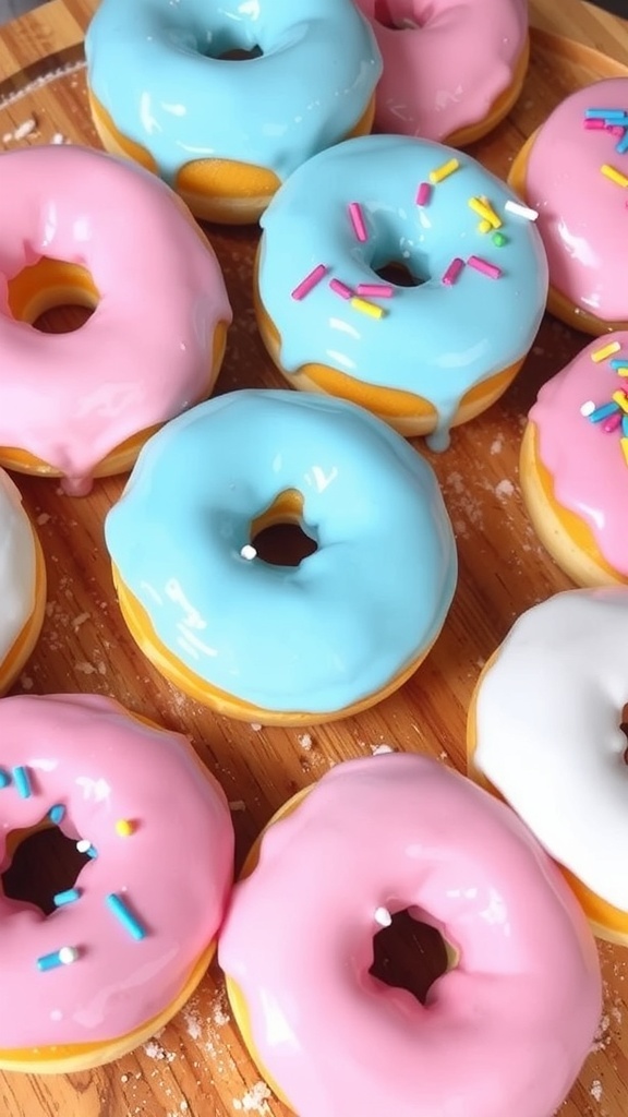 Colorful frosted donuts with sprinkles on a wooden platter.